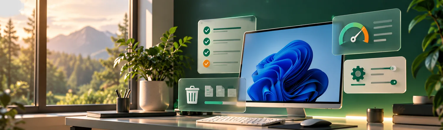 Concept illustration: a tidy workstation with Windows settings, cleanup and checklist symbols
