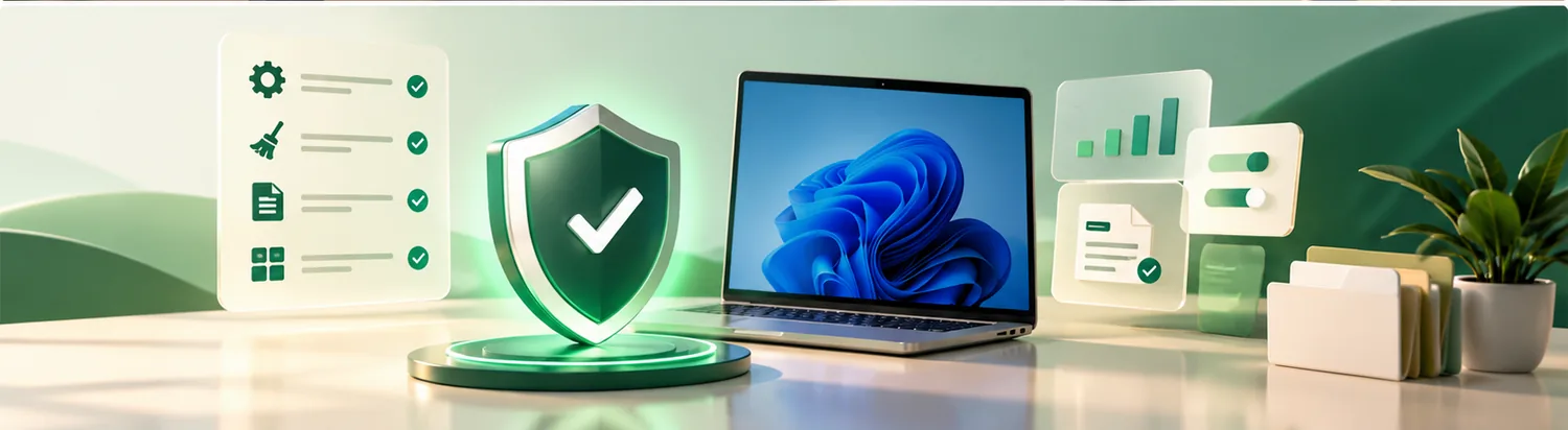Concept illustration of a protective shield and Windows backup checklist